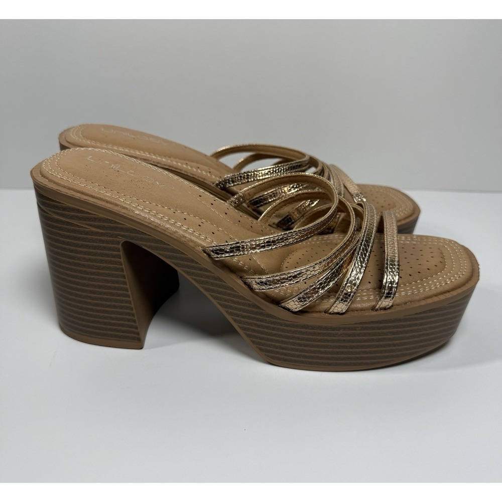 Women Metallic Gold Beige Block Heel Size 9 Slide Sandals Cushioned Platform